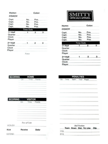 Smitty Double Sided Football Game Card w/Penalty Recording